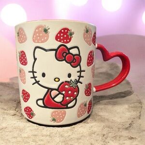 NWT Hello Kitty Blue Sky Red & Pink Strawberry Mugs Heart Handle
